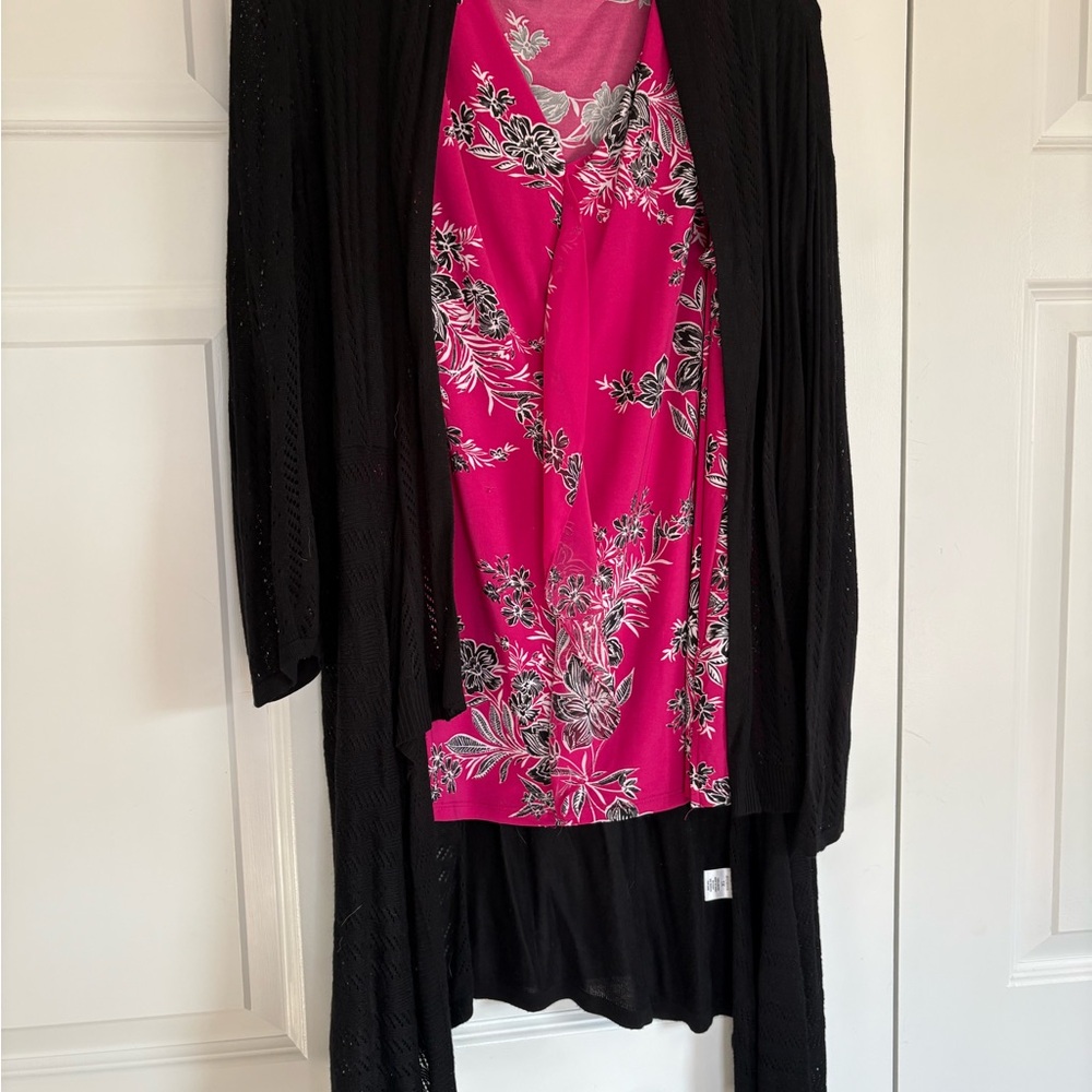 Roz & Ali Hot Pink Floral V-Neck Tank with Black Cardigan